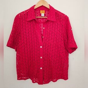 Ruby Rd. Hot Pink Eyelet Short Sleeve Button-Down Shirt